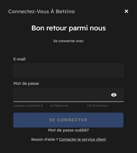 Formulaire de connexion Betzino avec e-mail et mot de passe