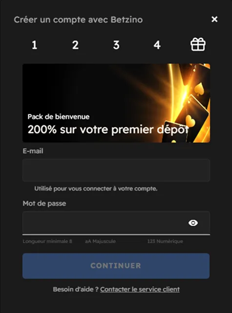 Étape 1 Betzino – Saisir e-mail et mot de passe pour s’inscrire