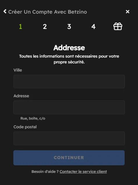 Étape 2 Betzino – Renseigner l’adresse, ville et code postal