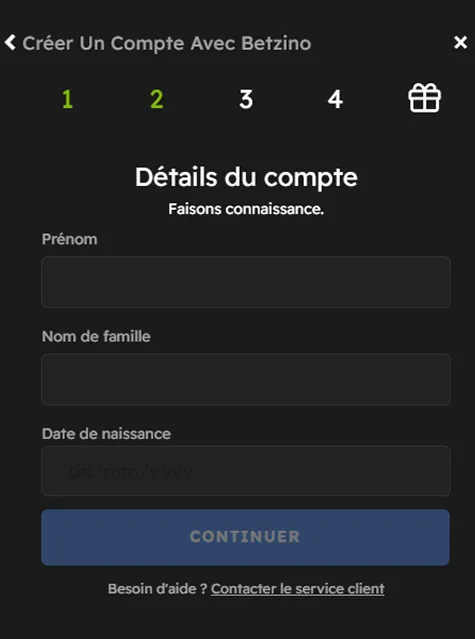 Étape 3 Betzino – Prénom, nom et date de naissance du joueur