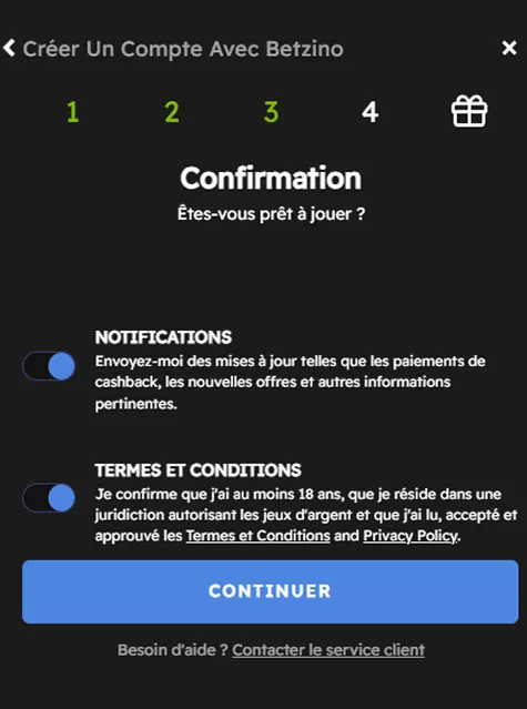Étape 4 Betzino – Accepter conditions et activer les notifications
